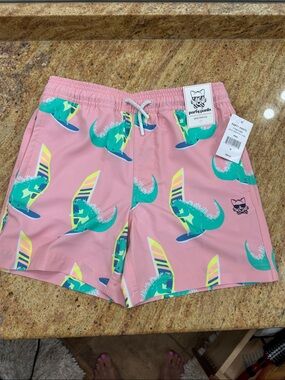 Party Pants Kids' Pink Dino Surf Swim Trunks